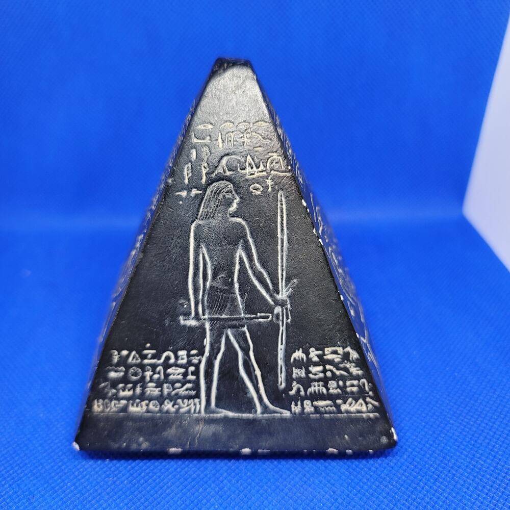 Vintage Egyptian Black Pyramid with Hieroglyphics Hand Carved Soapstone Resin